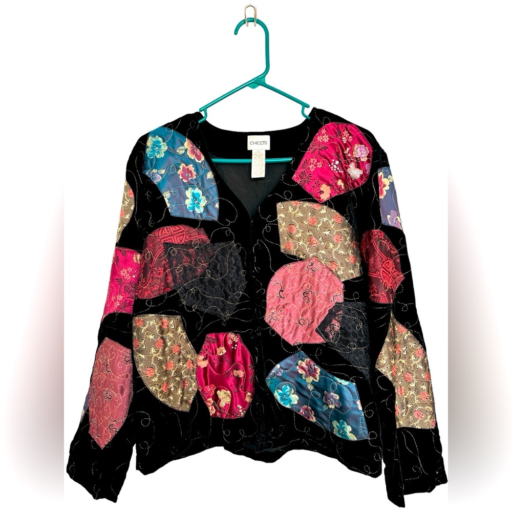 Chico's Jacket Size 0 Black Velvet Patchwork Floral Silk Embroidery